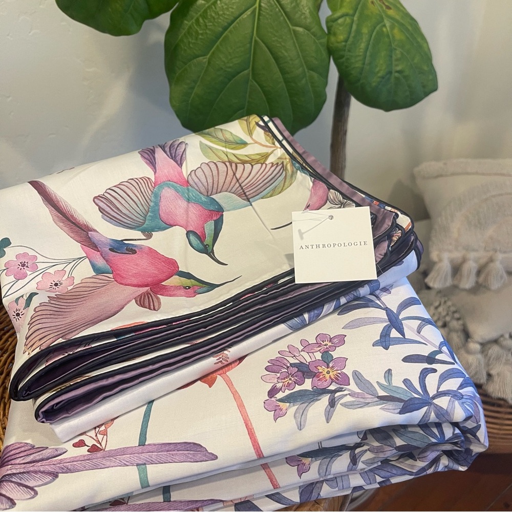 NEW Anthro Purple Floral Bird Boho Cotton Queen / King Bedding Duvet & Sham Set - Picture 9 of 13